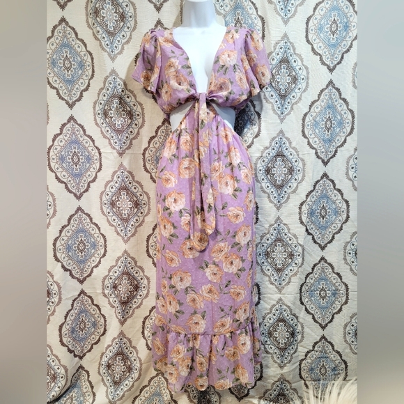 Sage the Label Women's Lavander Floral Cut-Out Midi Dress - Picture 2 of 10